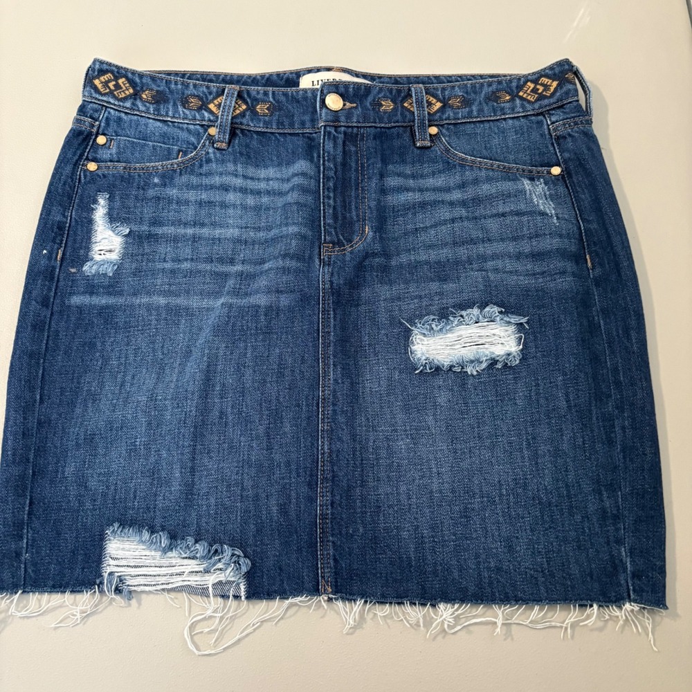 Liverpool Denim Skirt Distressed Frayed Hem Embroidered Waist Blue Size 10